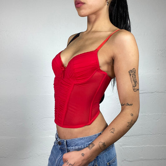Vintage 2000's Femme Fatale Blood Red Mesh Ruffled Corset Cami Top (S)