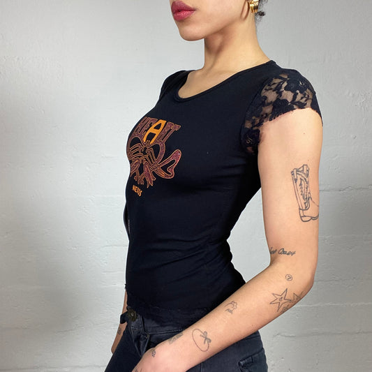 Vintage 2000's Grungy Black Printed Tee with Lace Micro Sleeves (S)
