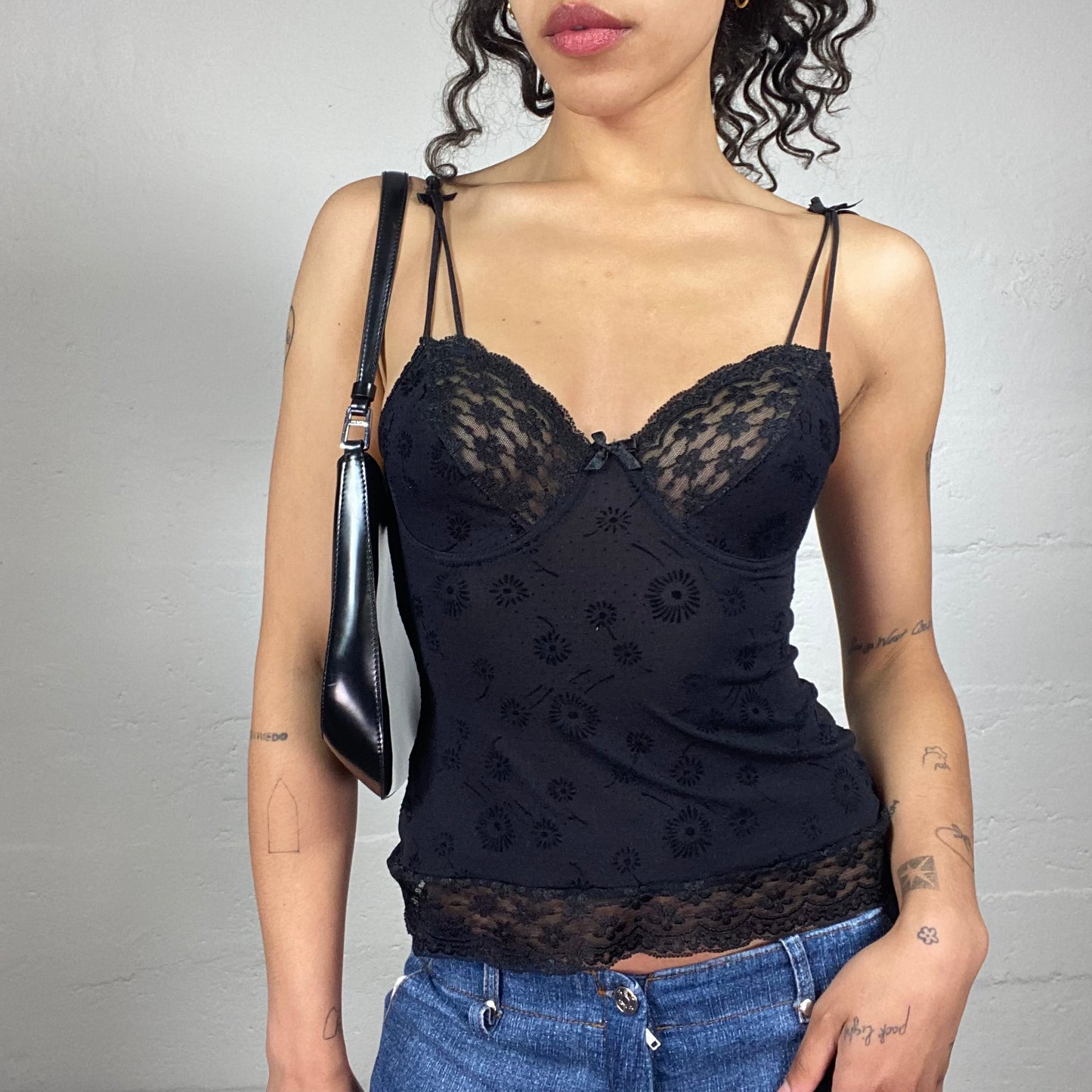 Vintage 2000's Dark Coquette Black Feminine Double String Cami Top with Lace Details (S)