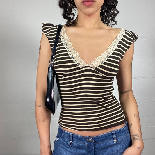 Vintage 2000's Coquette Brown and Creaky Striped Micro Draped Sleeves Cropped Top with Lace Decoration (M)