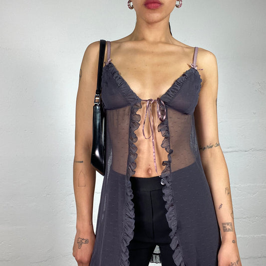 Vintage 2000's Soft Girl Dirty Purple Mesh See Through Lingerie Style Bolero Top with Silky Ribbons and Ruffled Trim (S)