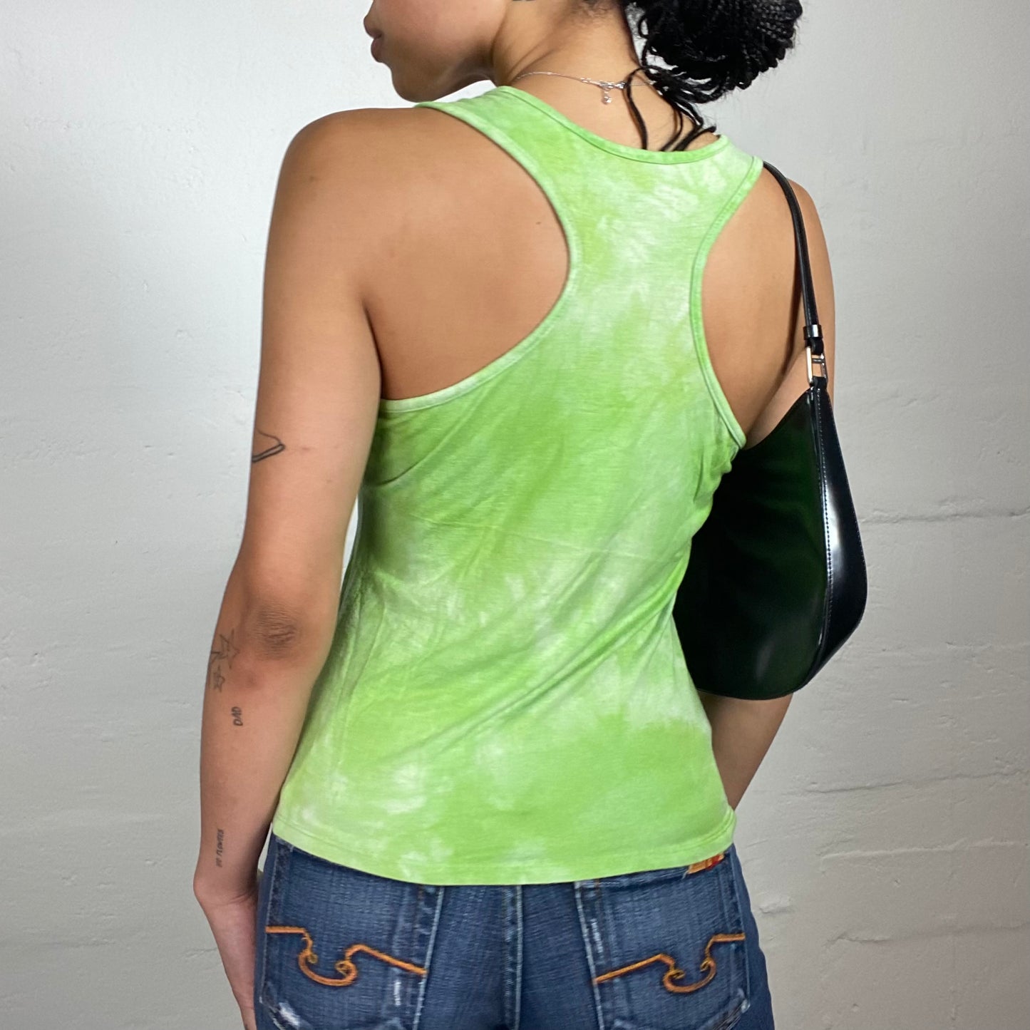 Vintage 2000's Downtown Girl Neon Green Tie Dye Top with Shiny Silver Print (S)