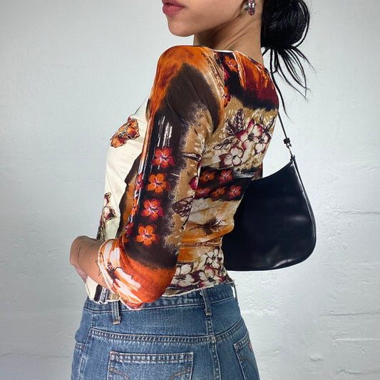 Vintage 2000's Boho Girl Ivory and Orange 3/4 Sleeve Top with Abstract Paiting and Flowers Print (S)