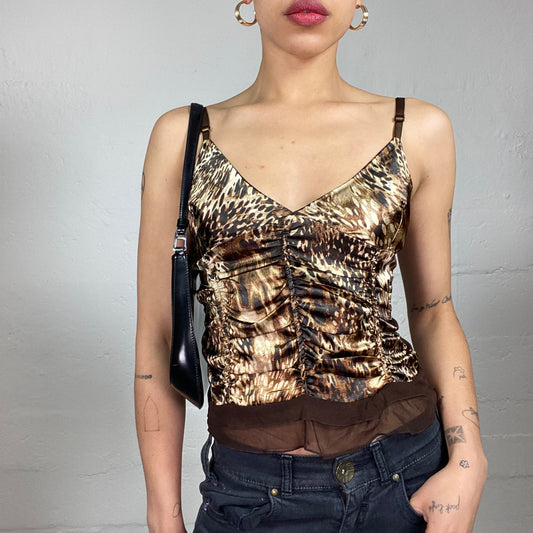 Vintage 2000's Glamorous Cheetah Girl Brown Toned Silky Animal Printed Cami Top (L)