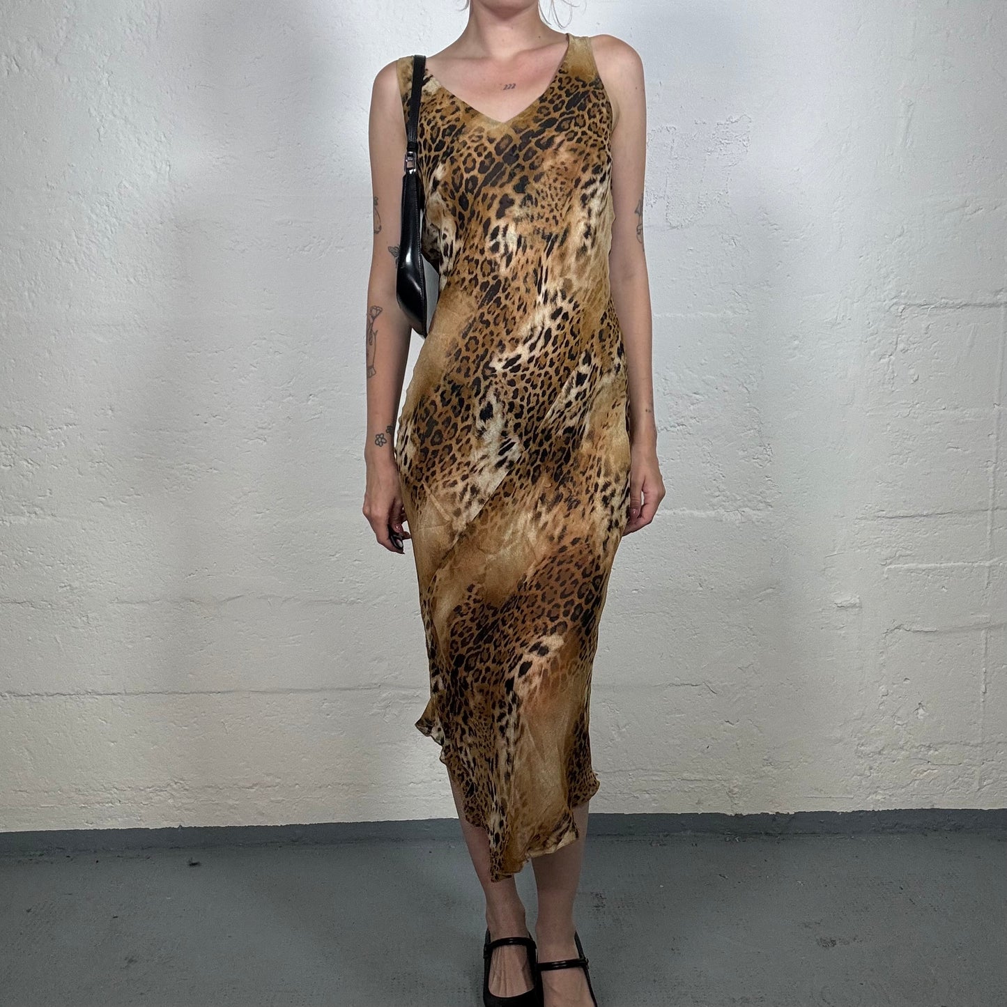 Vintage 2000's Glamorous Cheetah Girl Orange and Brown Toned Midi Leo Printed Dress (S)