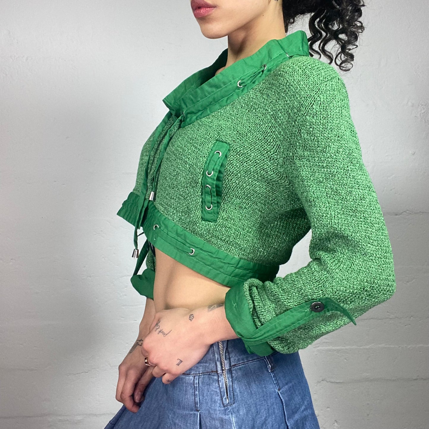 Vintage 2000's Sporty Knitted Green Longsleeve Crop Top with Multiple Details (S)