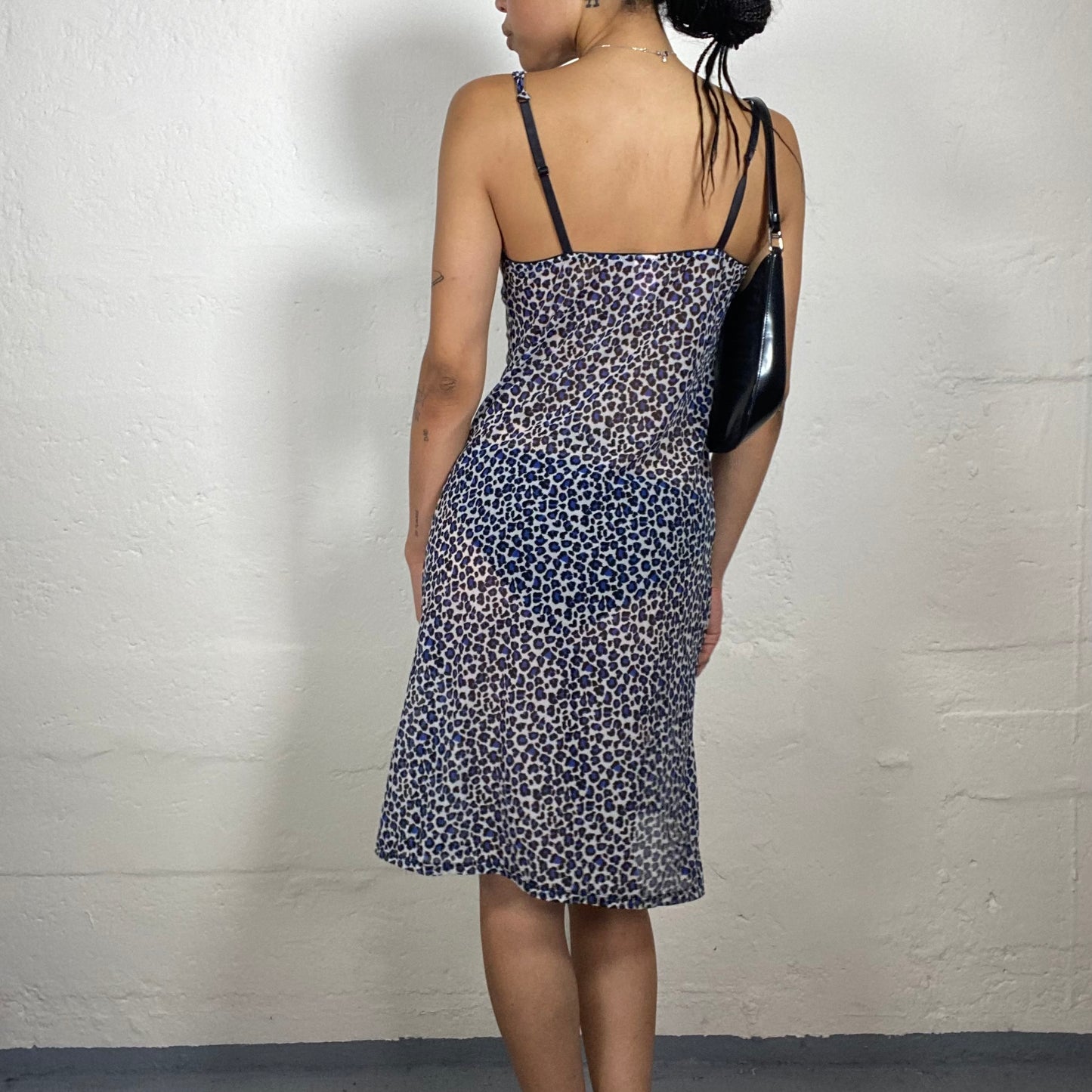 Vintage 2000's Soft Girl Summer Blue Toned Half See Through Chiffon Mini Leo Print Cami Dress (S)