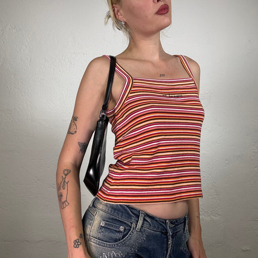 Vintage 90's Surfer Girl Pink and Orange Tones striped Top with Small Brand Embroidery Detail (XS)