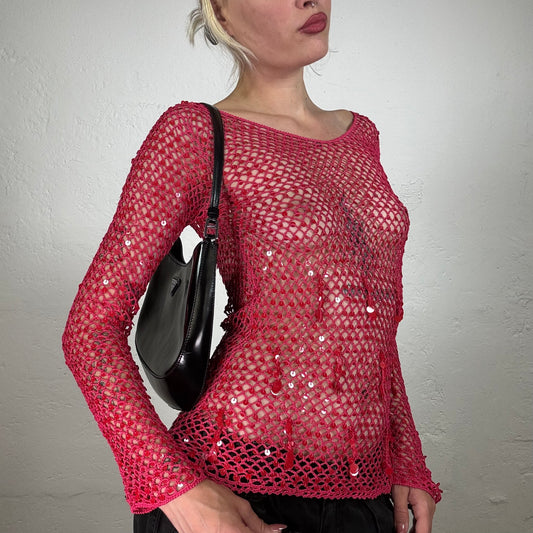 Vintage 2000's Date Night Red Knit Net Longsleeve Top with Sequuin Details (S/M)