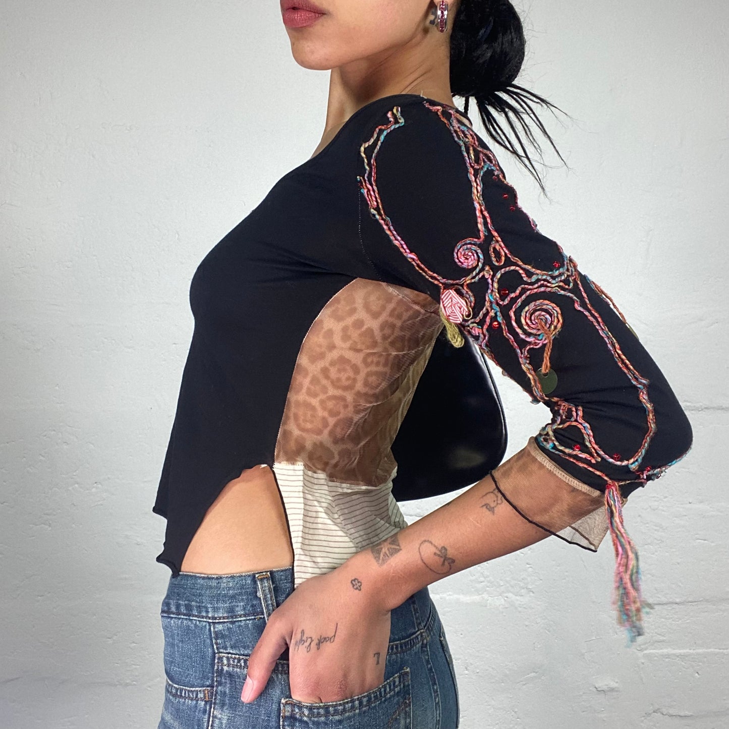 Vintage 2000's Romantic Black 3/4 Sleeve Top with Crochet Abstract Embroidery and Printed Mesh Back (M)
