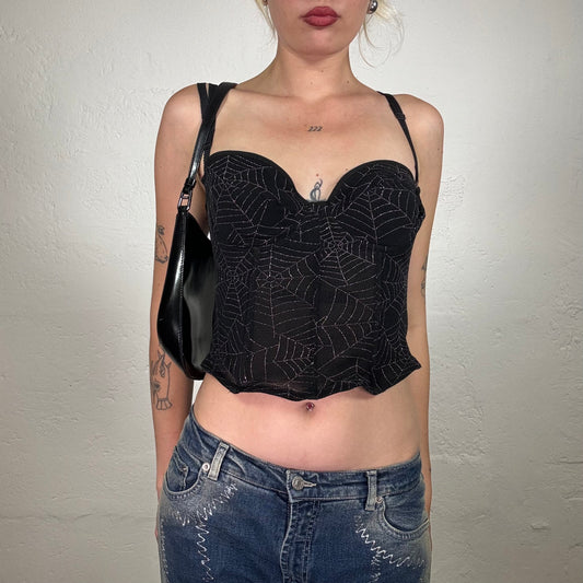 Vintage 2000's Gothic Black Corset Top with Silver Spider Web Print (S)