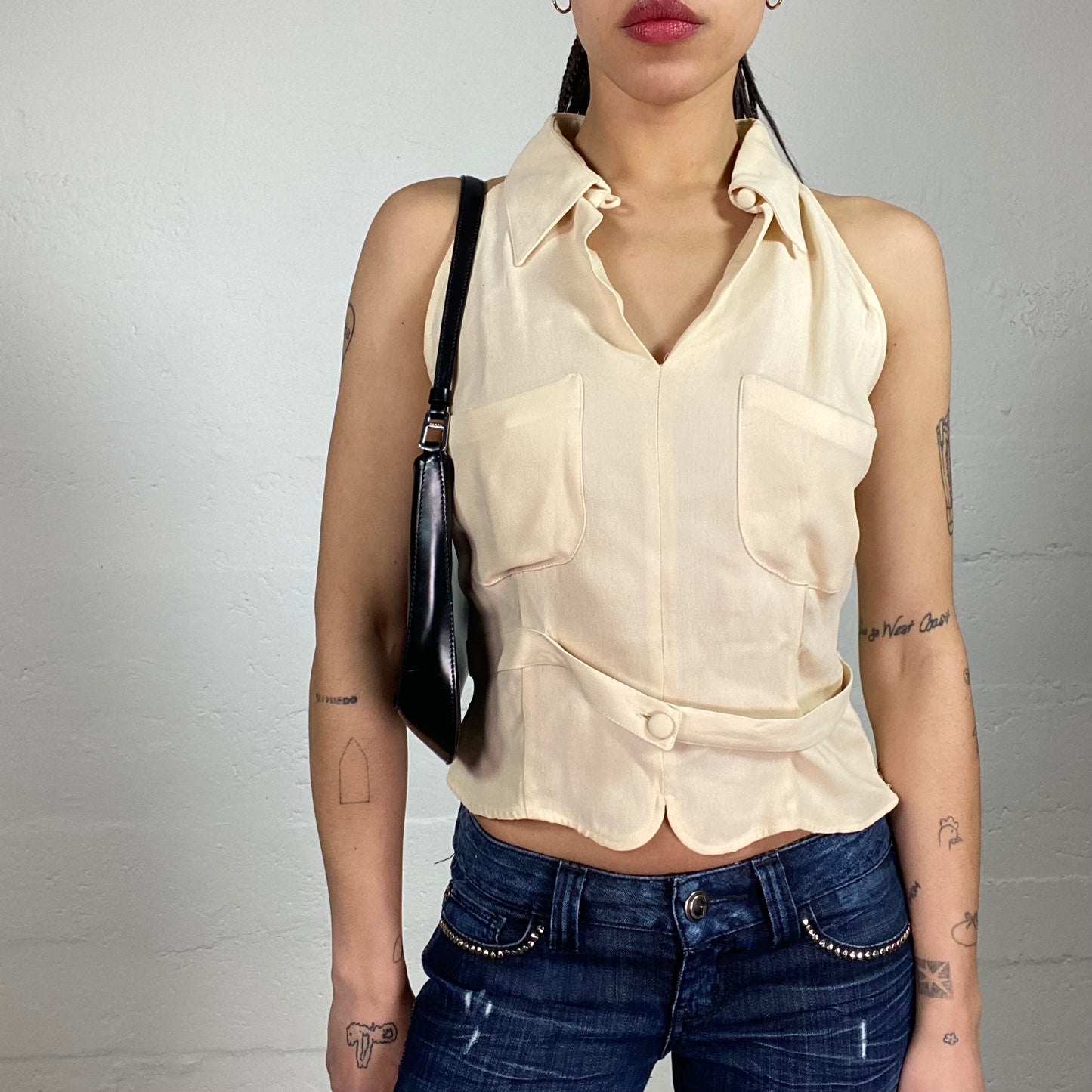 Vintage 90’s Emporio Armani Soft Girl Cream Silky Top with Side Zip and Symmetrical Pockets Details (M)