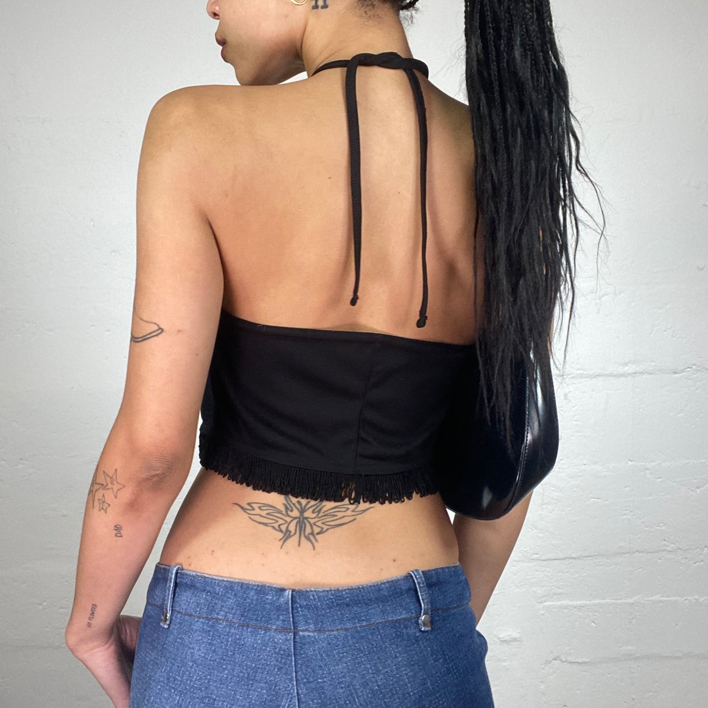 Vintage 2000's Cowgirl Black Draped Neckholder Top with Fringe Trim (S)
