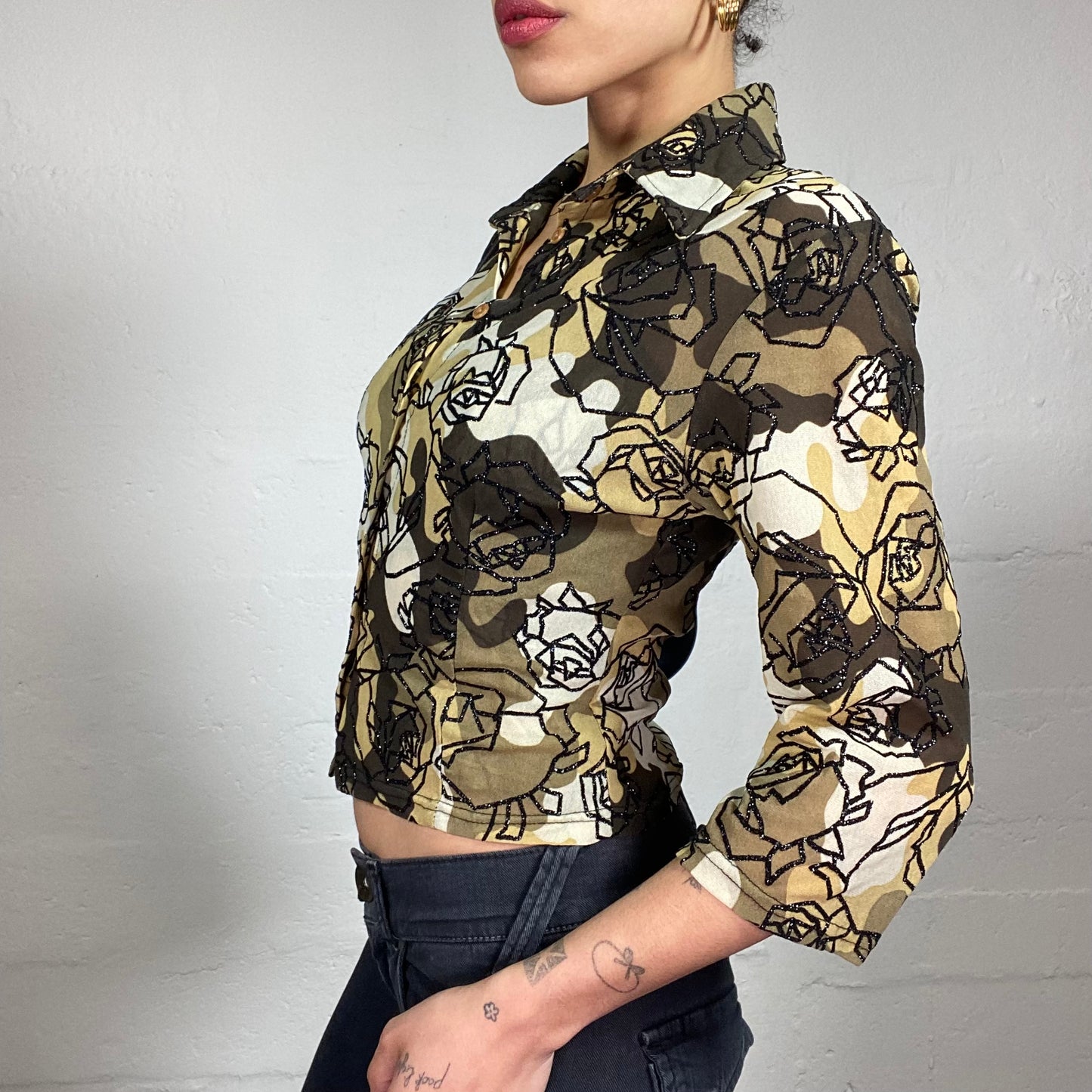 Vintage 2000's Romantic Bundle Button Up Shirt and Cami Top in Brown Tine with Black Glitter Rose Print (S/M)