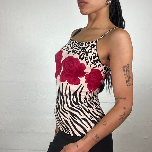 Vintage 2000’s Romantic Beige Cami Top with Black Animal and Red Roses Prints (L)