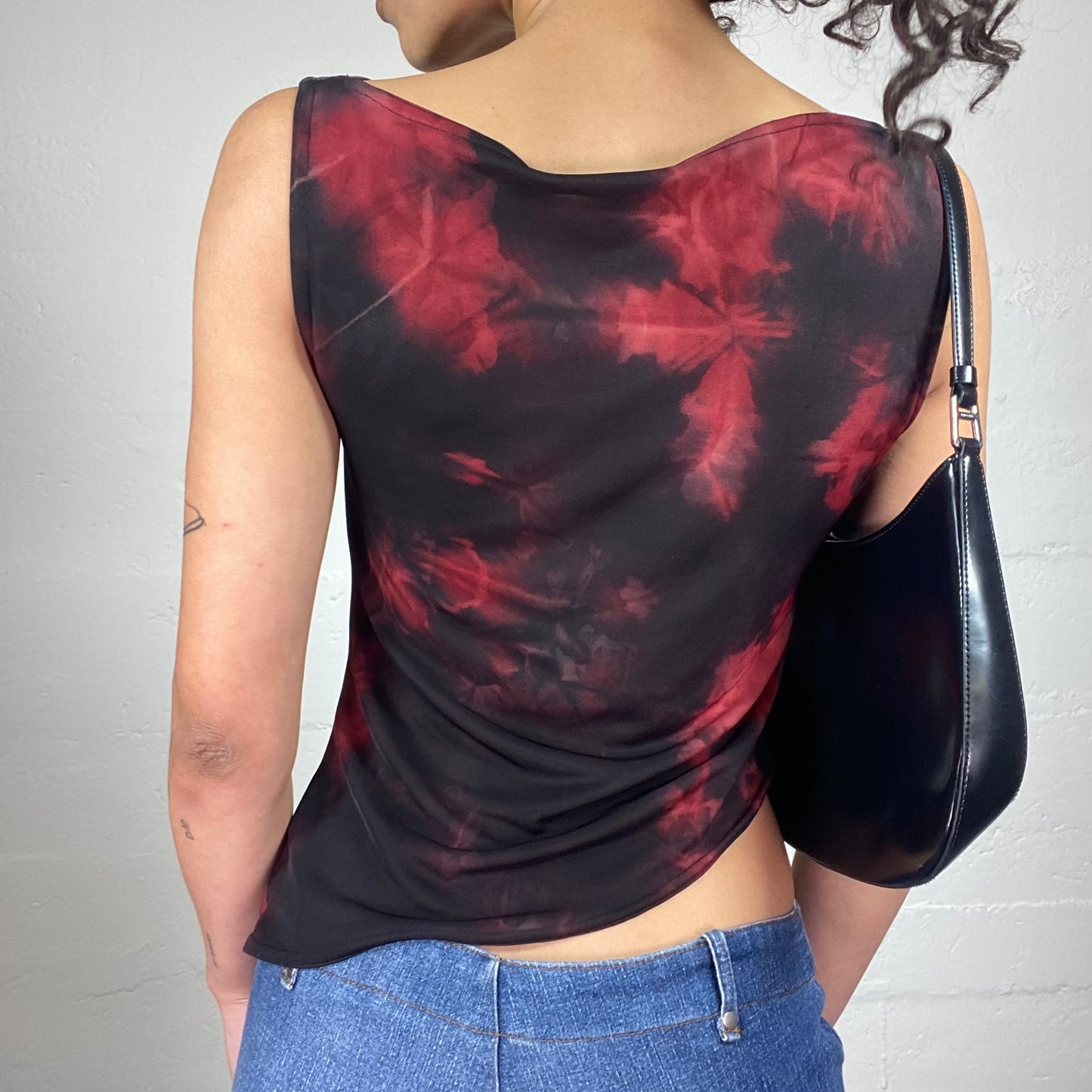 Vintage 2000's Grunge Vamp Girl Asymmetric Draped Black and red Tie Dye Top (L)