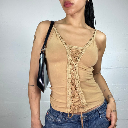 Vintage 2000's Downtown Girl Sand Colour Laced Up Cami Top with Lace Decoration (L)