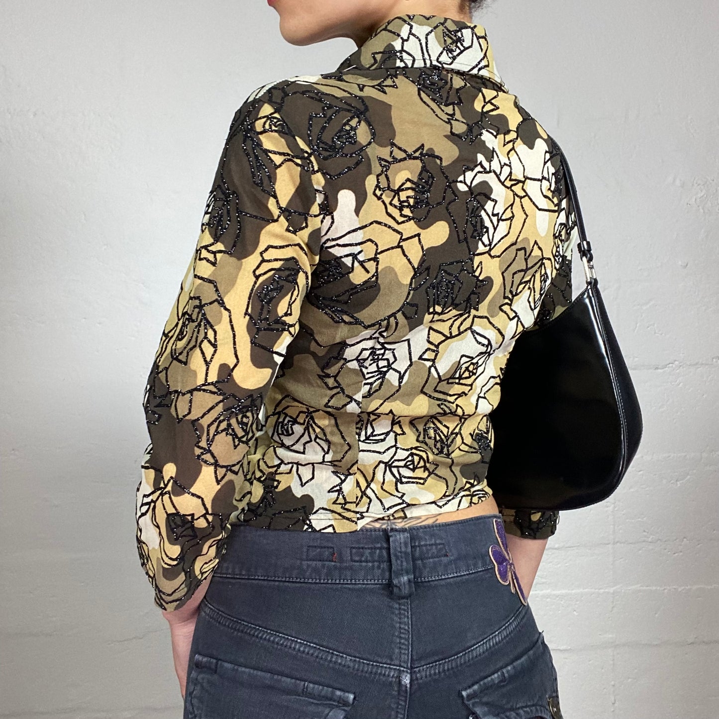 Vintage 2000's Romantic Bundle Button Up Shirt and Cami Top in Brown Tine with Black Glitter Rose Print (S/M)