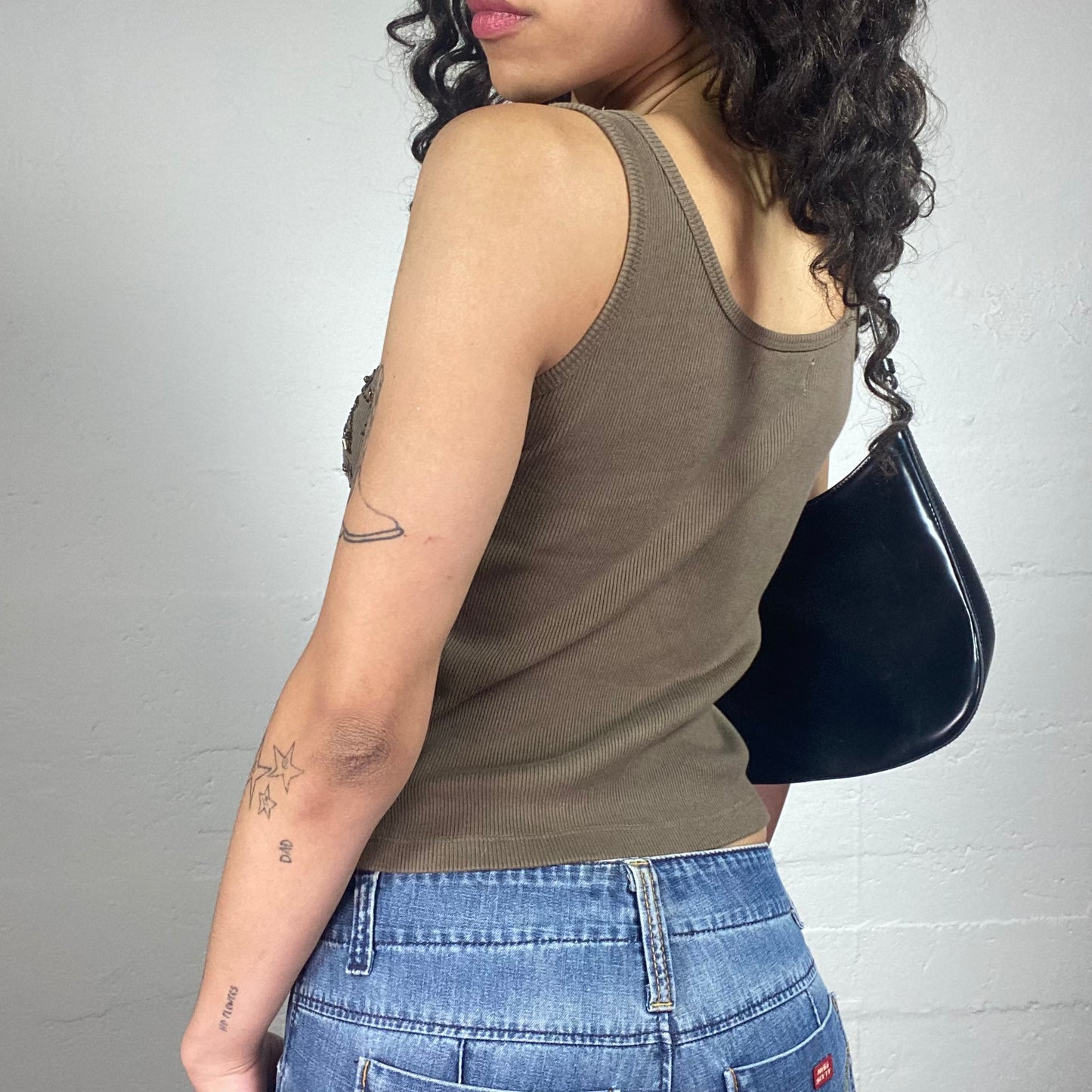 Vintage 2000's Casual Brown Jersey Tank Top with Butterflies Sequins Embroidery (XS)