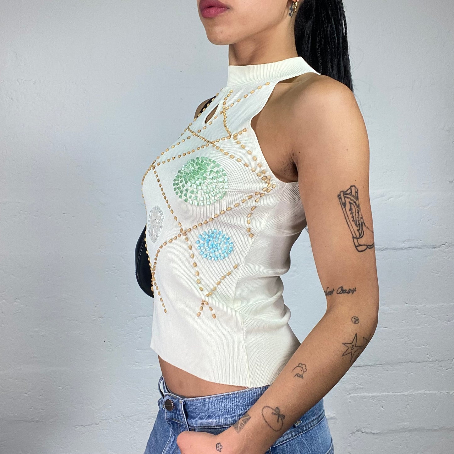 Vintage 2000's Glam White Jersey Turtleneck Sleeveless Top with Sequin Embroidery (S)