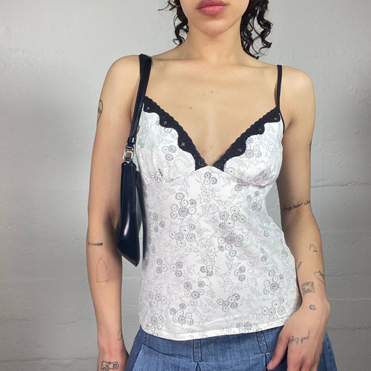 Vintage 2000's Coquette White Cami Top with Floral Print and Black Lace Trim (S)