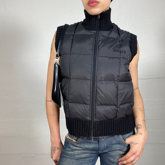 Vintage 2000's Sporty Puffer Zip Up Black Vest with Knitted Rubber Back (M)