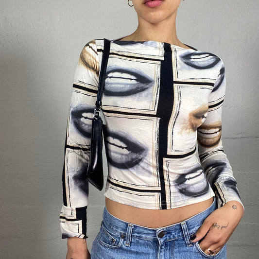 Vintage 2000's Funky Lips Print Longsleeve Cropped Top (S)