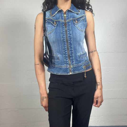 Vintage 2000's Downtown Girl Washed Out Blue Collared Zip Up Denim Vest with Pickets (S)