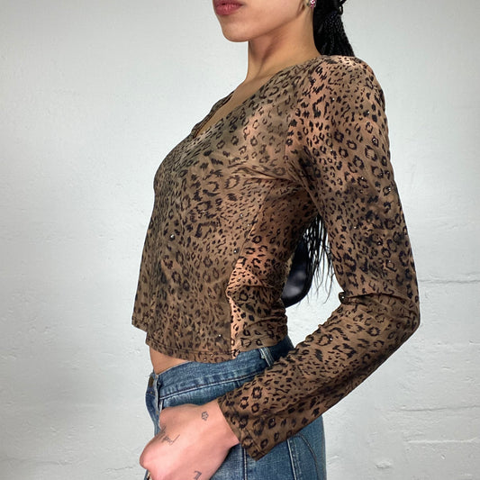 Vintage 2000's Downtown Girl Brown Longsleeve Leo Print V-Cut Top (M)