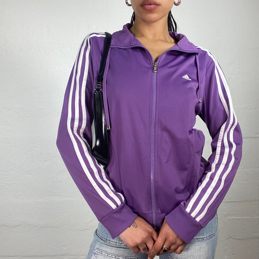 Vintage 2000’s Adidas Purple Classic Zip Up Pullover with White Sleeve Stripes and Logo Print (M)
