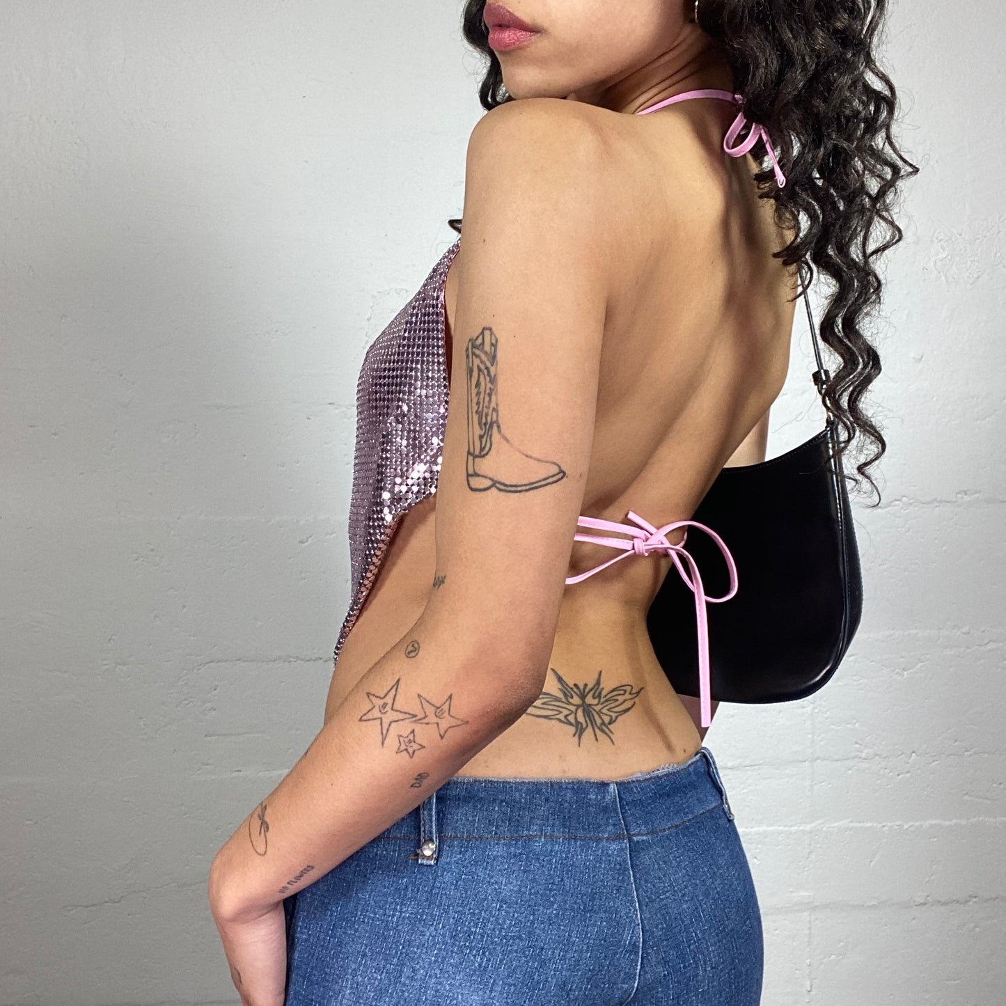Vintage 2000's Glamorous Clubwear Pink Sequins Draped Neckholder Top with Open Back (S/M)