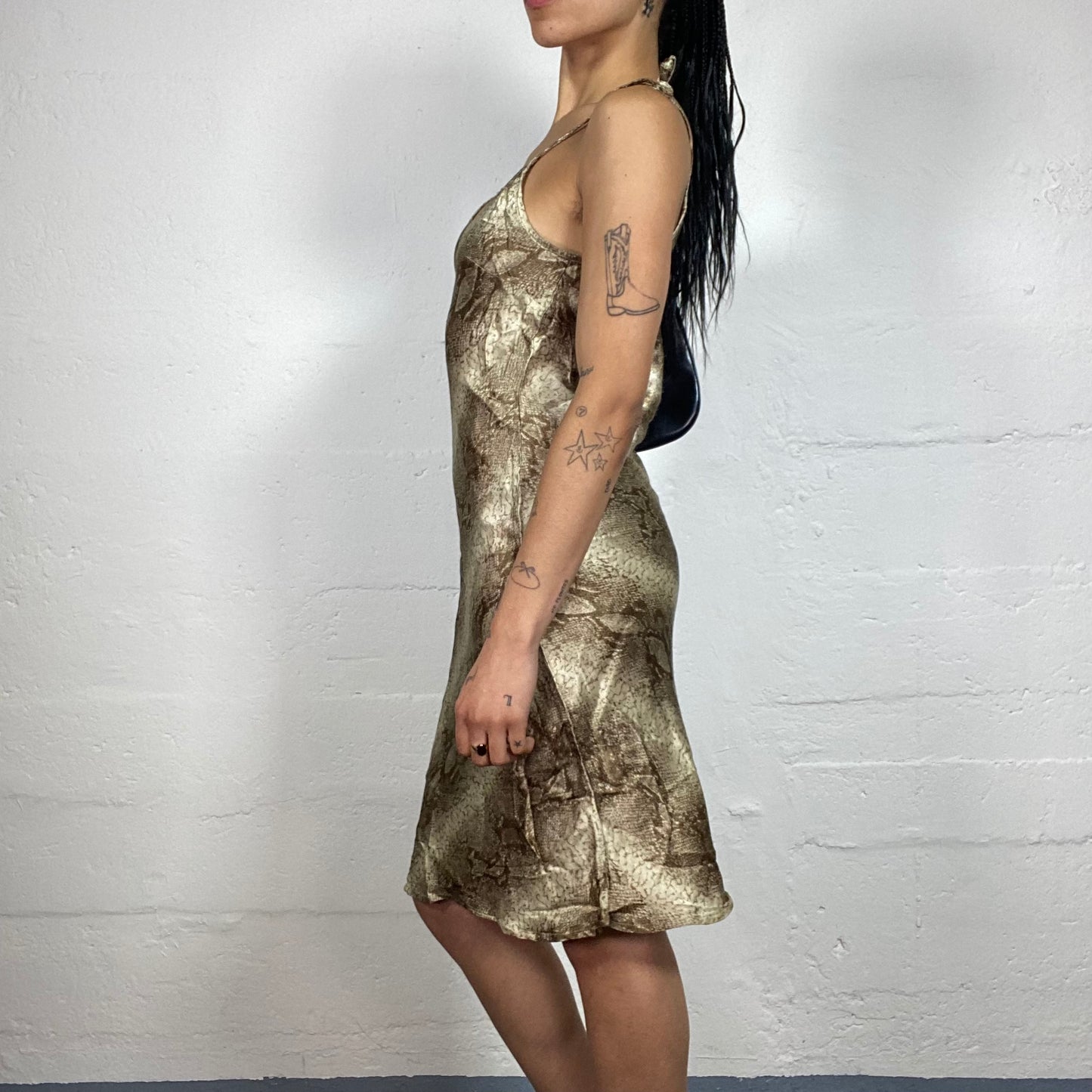 Vintage 2000's Glamorous Beige Toned Snake Skin Effect Printed Knee Length Cami Dress (M)