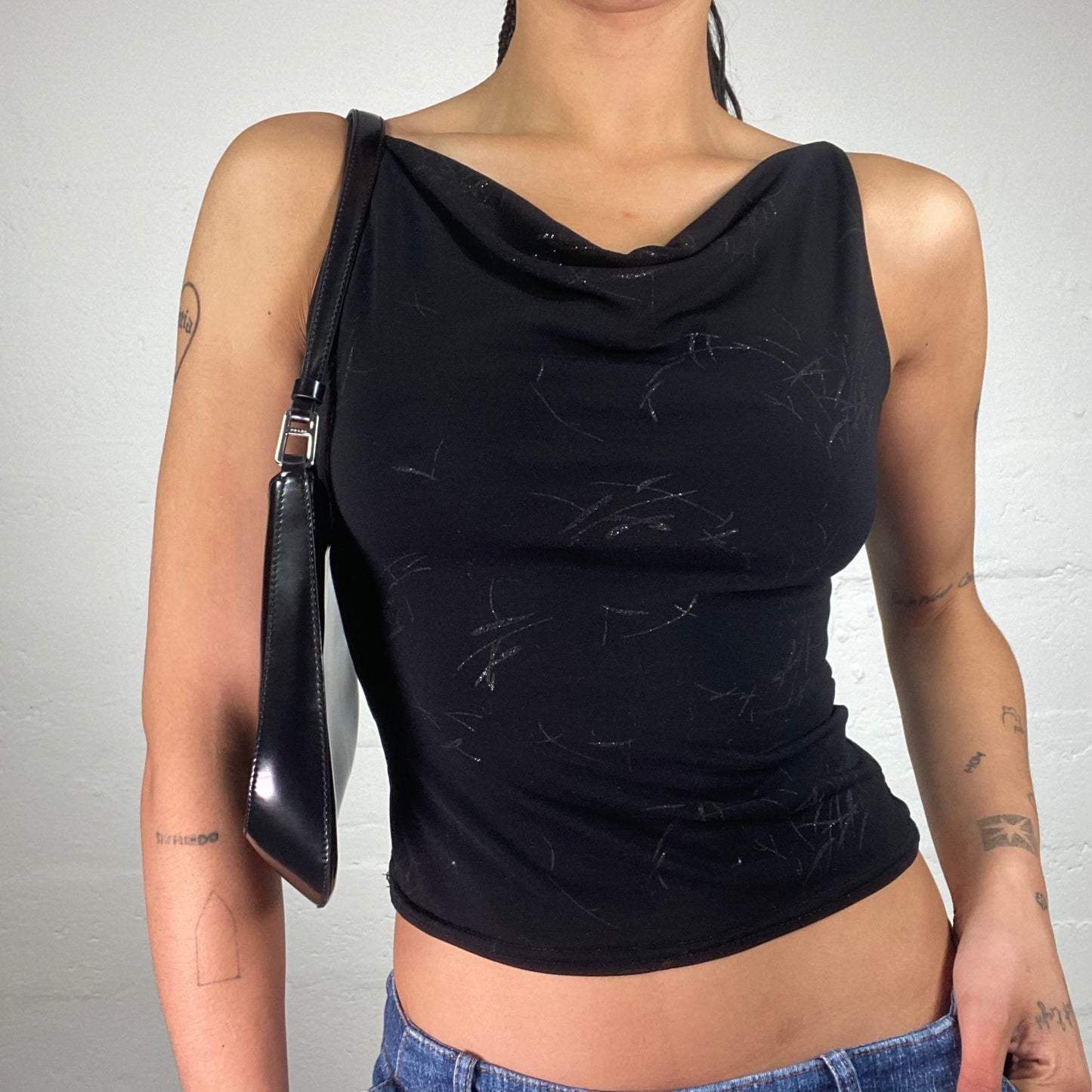 Vintage 2000's Clubwear Black Cropped Cami Draped Neck Top with Glitter Silver Print (S)