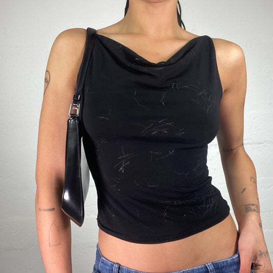 Vintage 2000's Clubwear Black Cropped Cami Draped Neck Top with Glitter Silver Print (S)