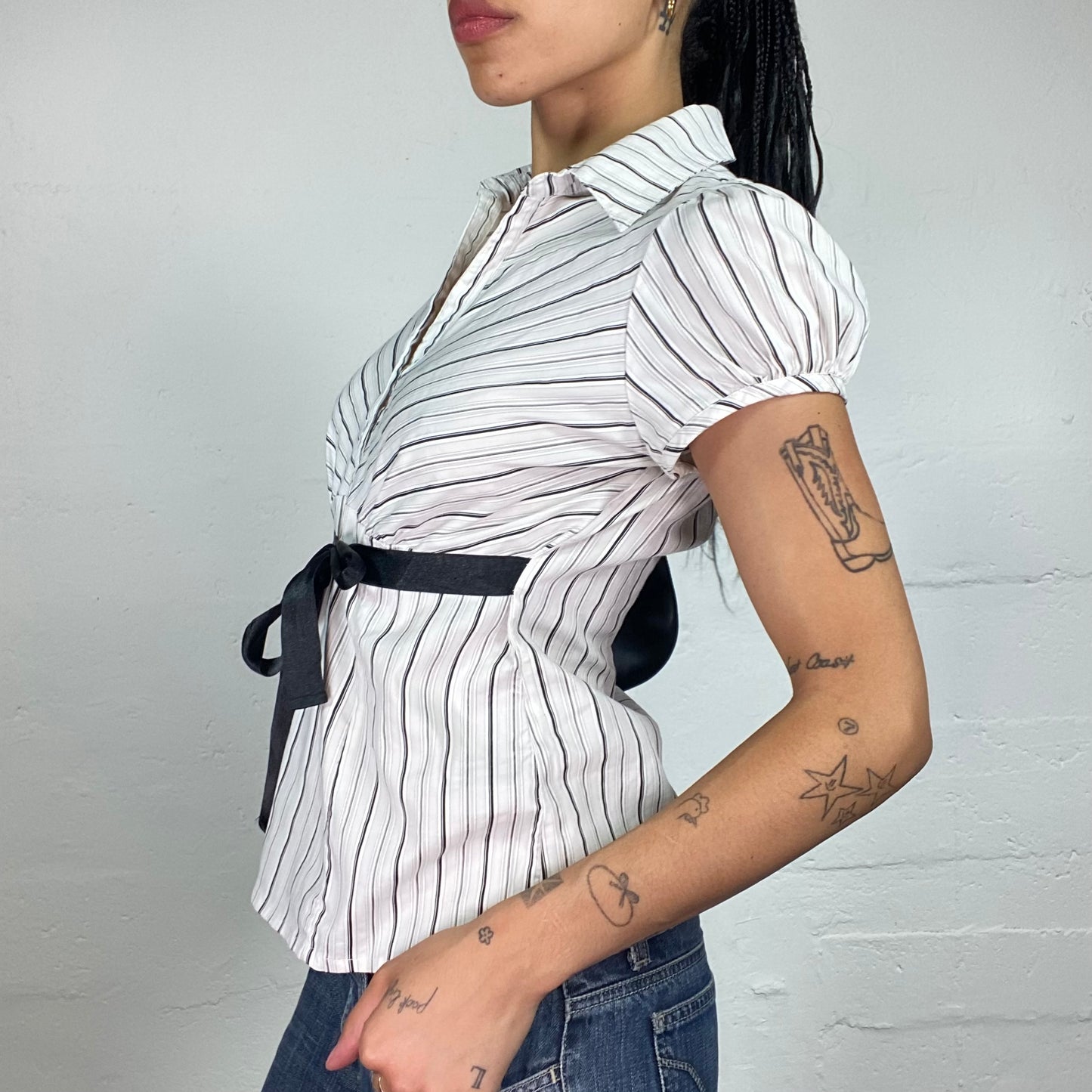 Vintage 2000's Office Girl White Striped Doll Fit Button Up Shirt with Black Binding Waist Band (M)