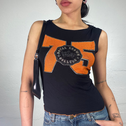 Vintage 2000's Hip Hop Girl Black Hooded Tank Top with Orange 75 Print (M)