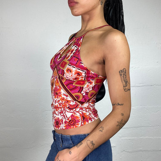 Vintage 2000's Morgan Summer Boho Red and Pink Abstract Floral Print Neckholder Top with Back Cross Binding (S)