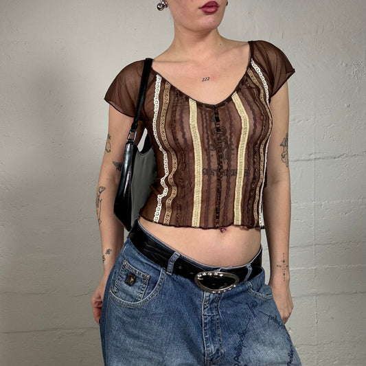 Vintage 2000's Indie Girl Brown Mesh Top with Multicolored Bands (XS)