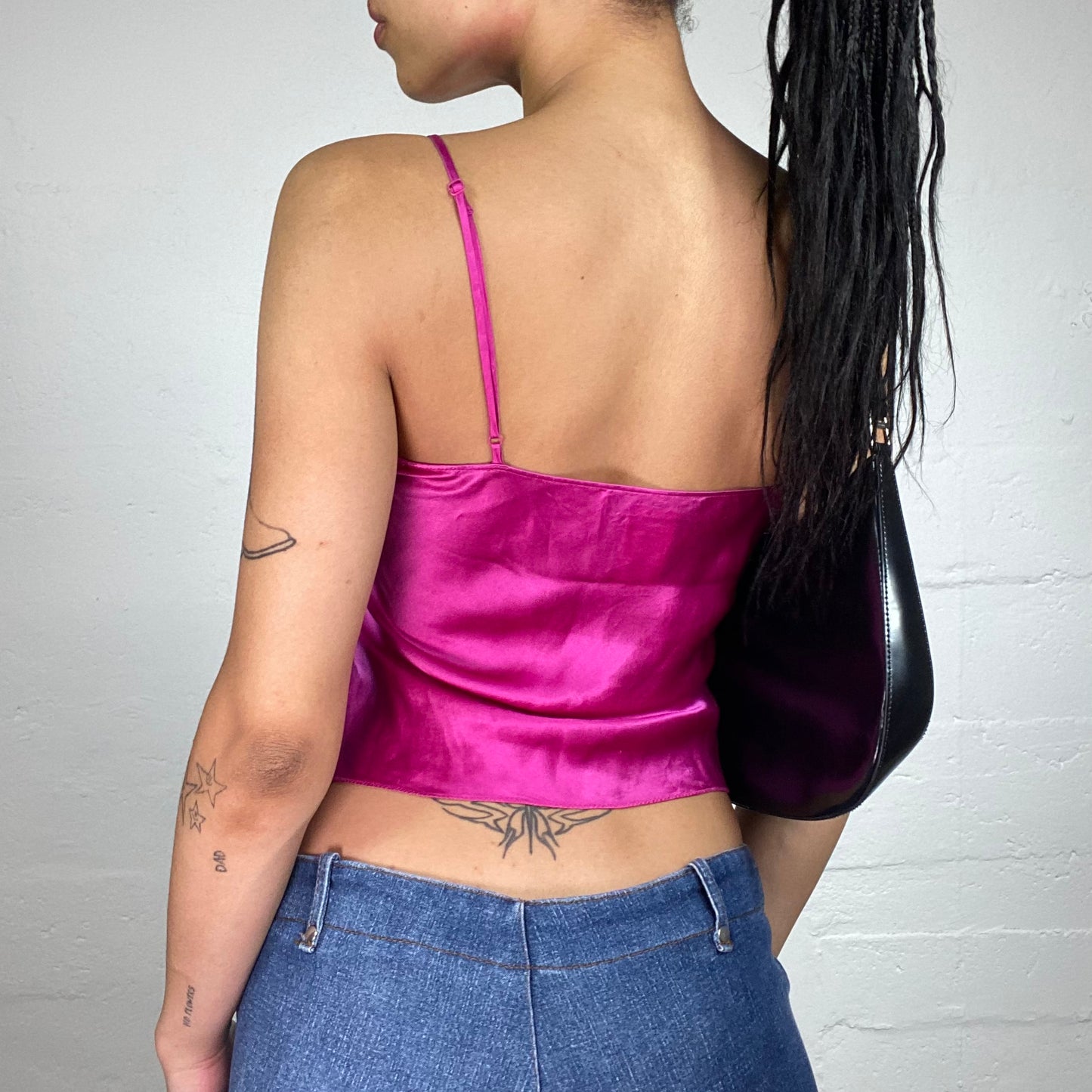Vintage 2000's Morgan Glamorous Lingerie Style Satin Hot Pink Cami Top with Black Lace Decoration (S)