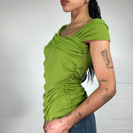 Vintage 2000's Max Mara Summer Girl Green Draped Off Shoulder Top (XL)