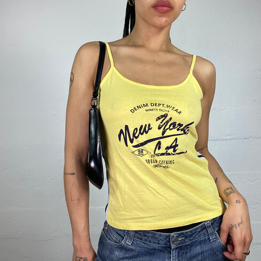 Vintage 2000's Sporty Summer Vibes Lemon Yellow Cami Top with Navy Blue Print (M)