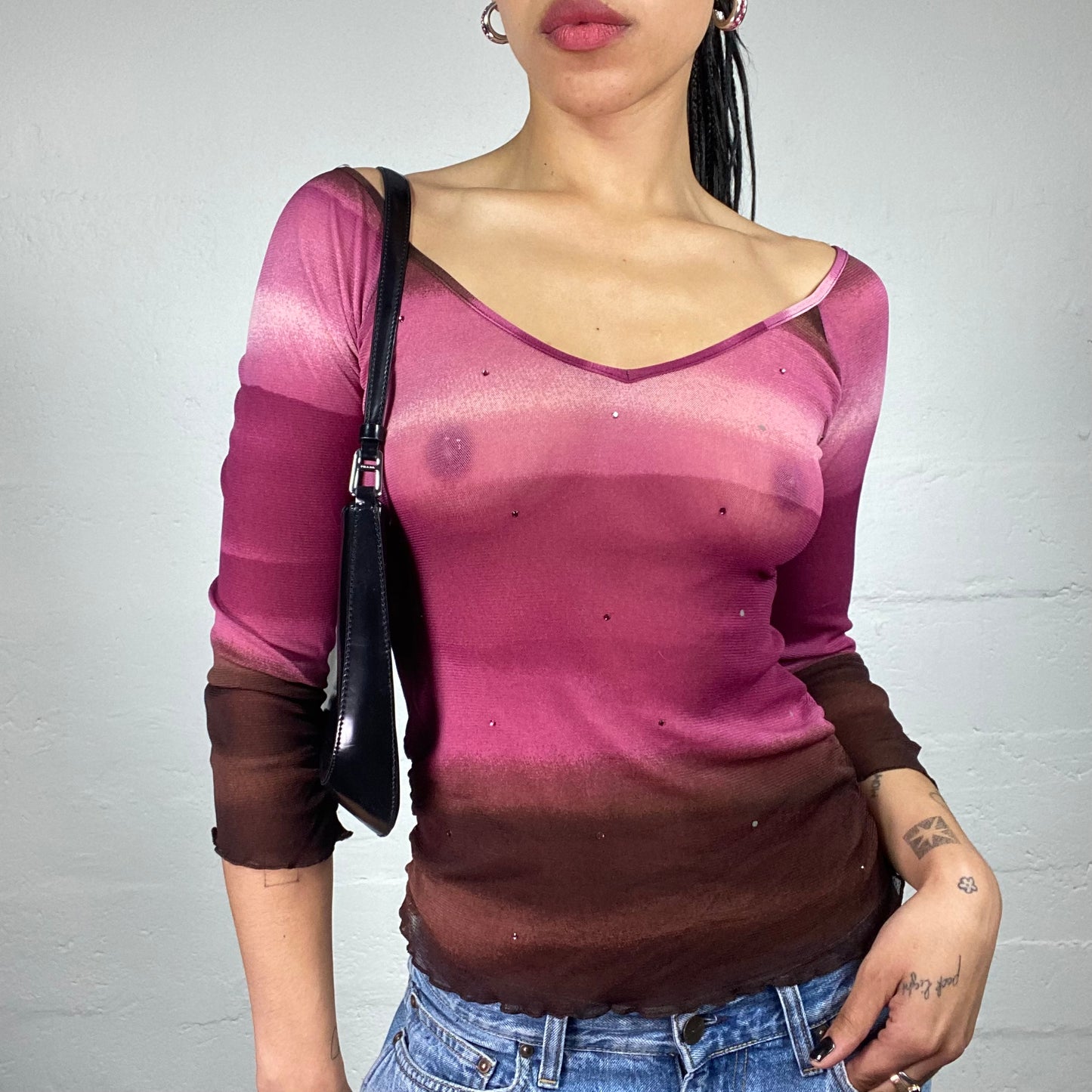 Vintage 2000's Downtown Girl Pink to Brown Striped Fading Longsleeve Top with Rhinestone Decor (M)
