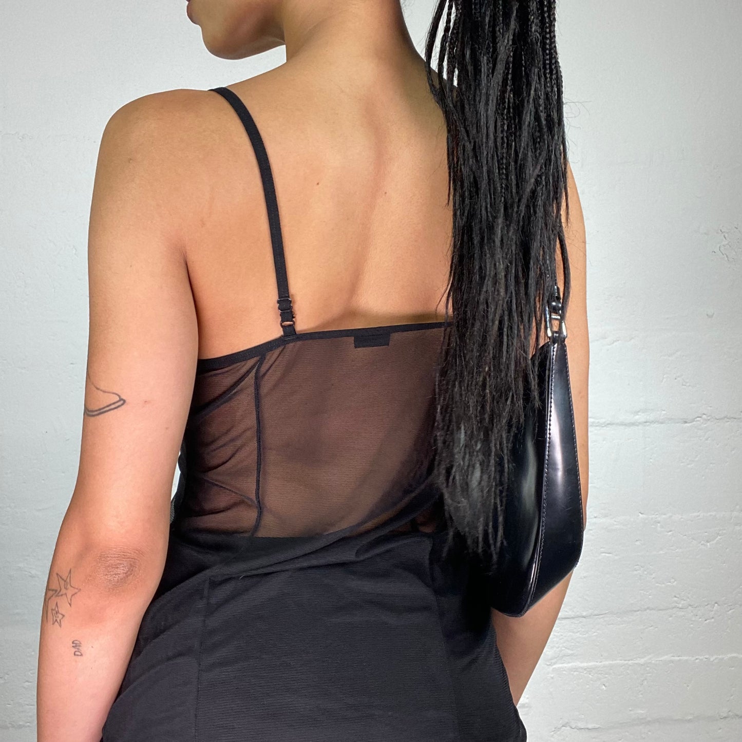 Vintage 2000's Glamorous Black Lingerie Style Mesh See Through Long Cami Top with Lace and Fur Details (S)