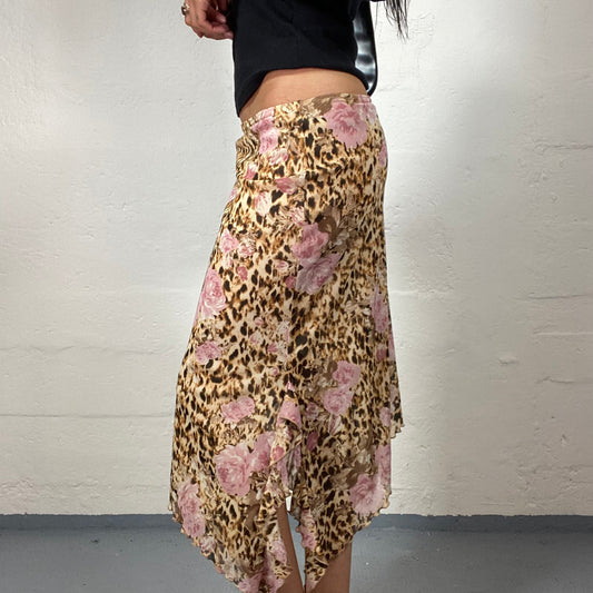 Vintage 2000's Soft Cheetah Girl Beige Toned Animal Print Asymmetric Skirt with Pink Roses (S)