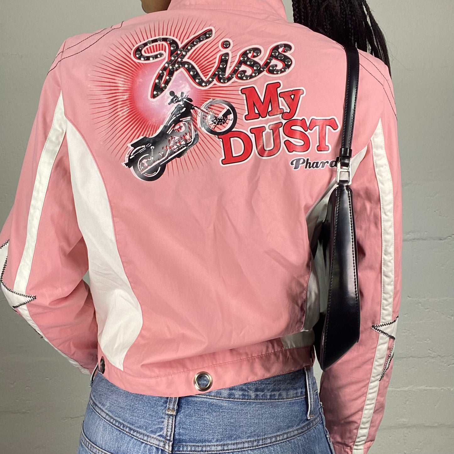 Vintage 2000's Phard Biker Girl Pink and White Zip Up Jacket with Kiss My Dust Back Print and Start Arm Patches (M)