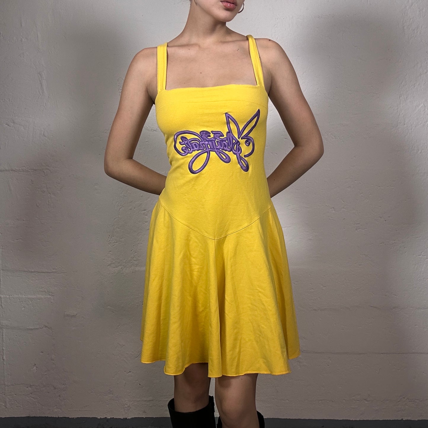 Vintage 2000's Playmate Cheerleader Style Yellow Dress with Purple Logo Print (S)