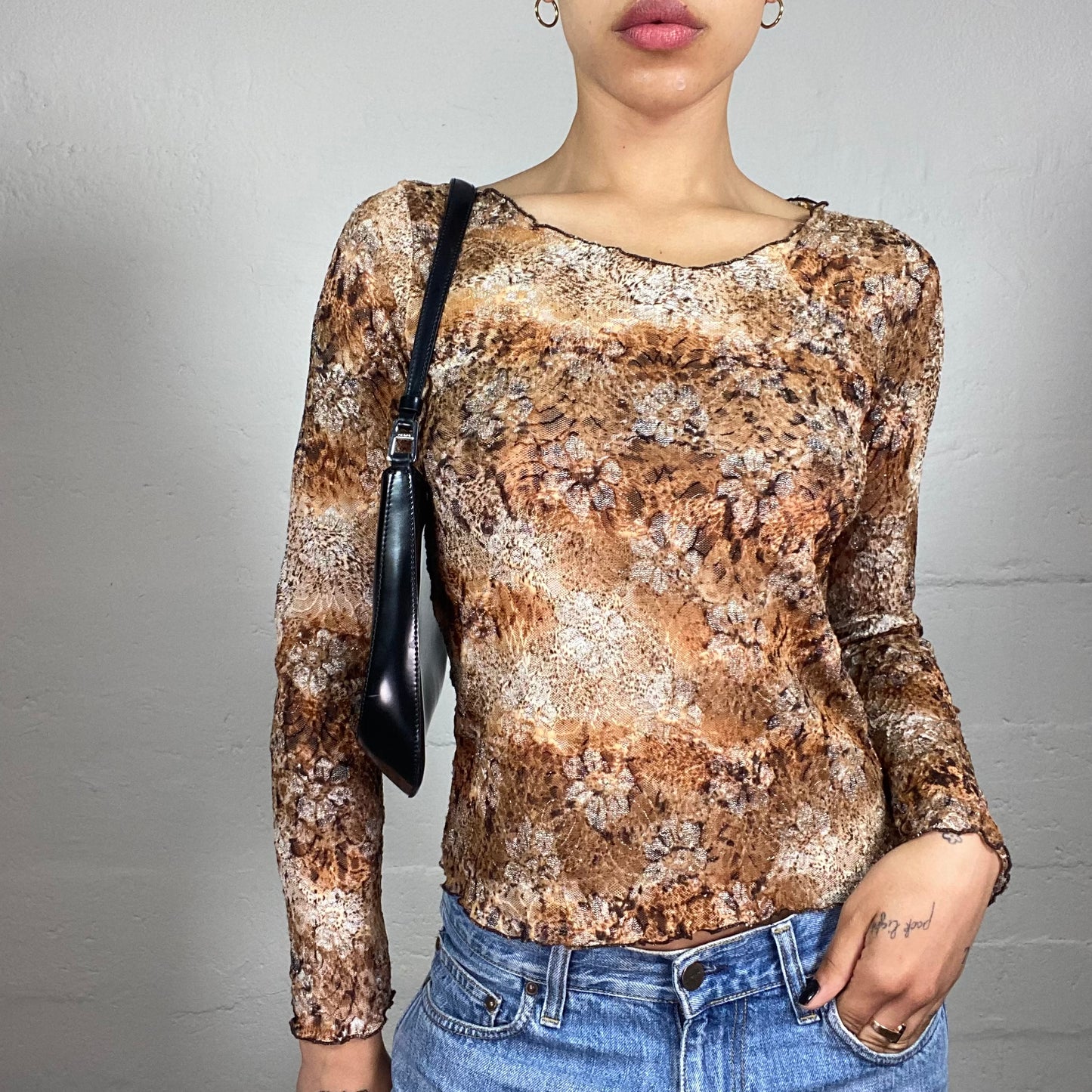 Vintage 2000's Downtown Girl Brown and Beige Lace Longsleeve Top (S)