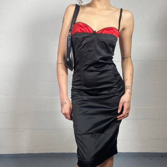 Vintage 2000's Femme Fatale Satin Black Slim Midi Dress with Red Bra Detail (M)