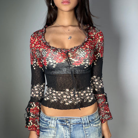 Vintage 90’s Coquette Black Floral Print Bell Sleeve Top (S)