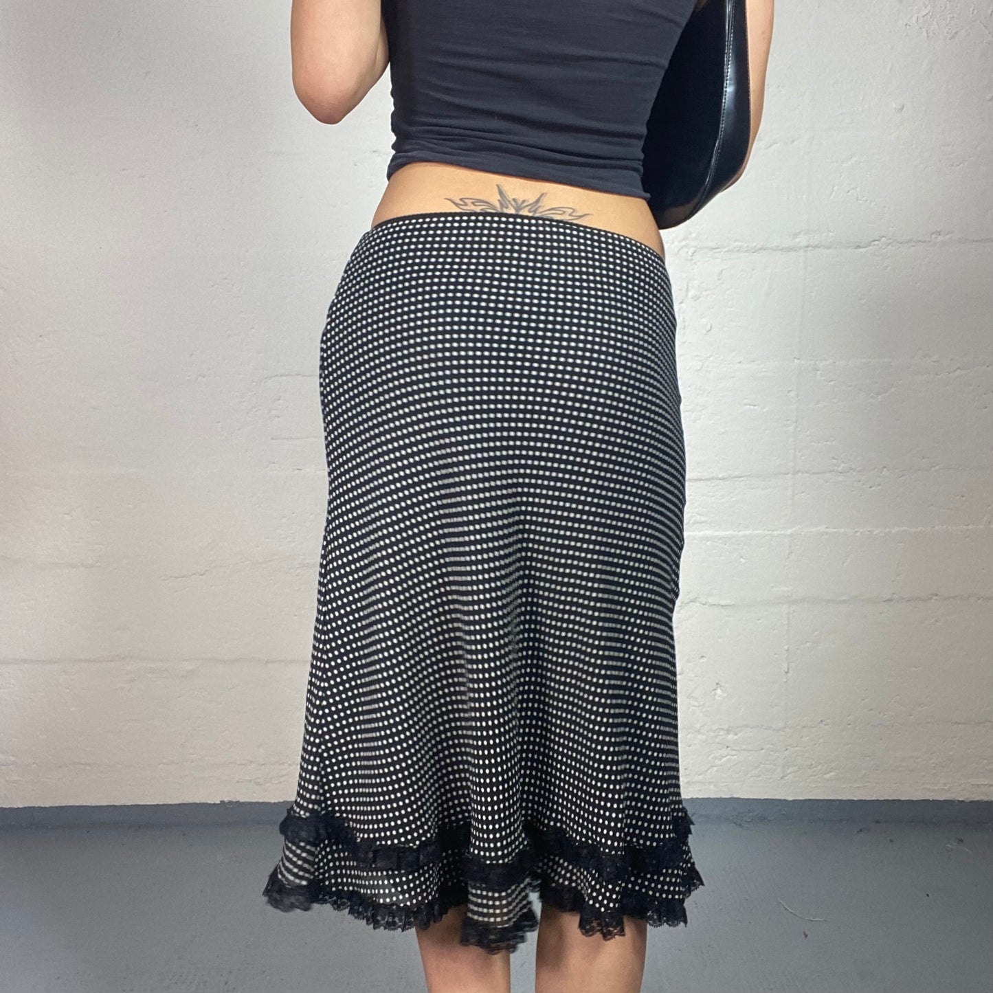 Vintage 2000's Coquette Black and White Polka Dot Printed Midi Skirt with Bottom Black Ruffled Details (M)